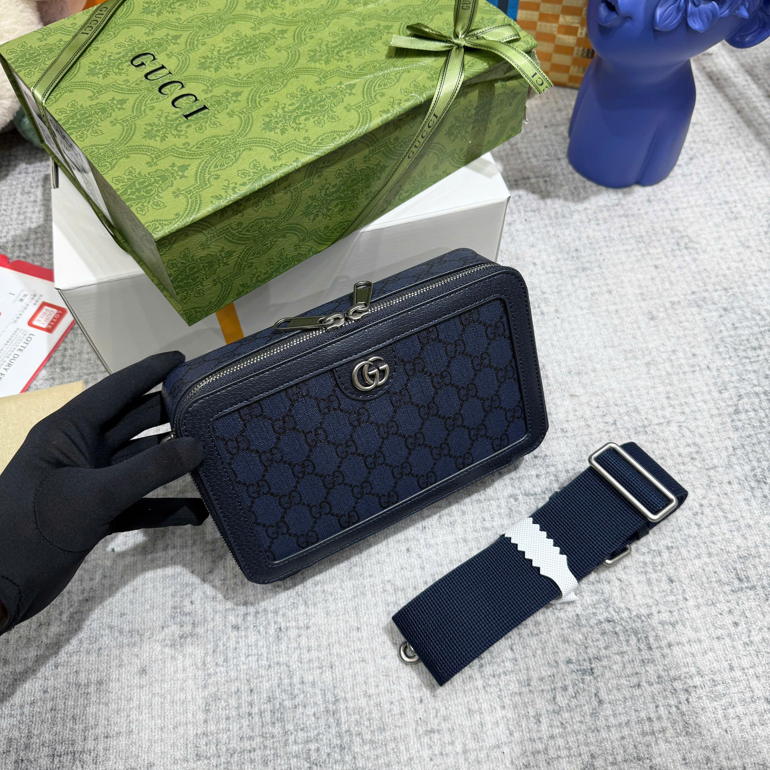 Túi hộp đeo chéo Gucci GC Xanh than họa tiết monogram logo GG size 23x7.5x14.5cm Like Auth on web fullbox bill thẻ PLD